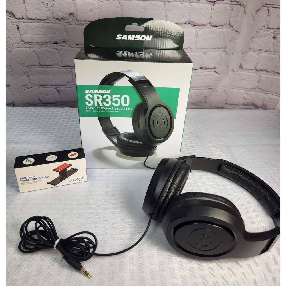 New Samson SR350 Headphones Closed Back Over-Ear Black + New Head Phone Hanger